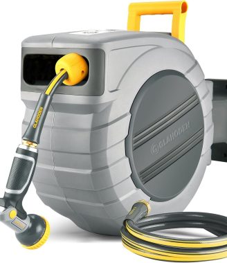 Retractable Garden Hose Reel 5/8 in x 100 ft Upgraded UV Resistant Heavy Duty Automatic Hose Reel Wall Mount 3/4 in Brass Fitting 9 Pattern Nozzle Any Length Lock Slow Retraction 180° Swivel